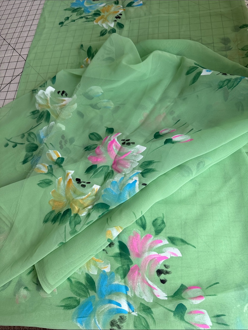 Vintage 1960s Mint Green Floral Sheer Chiffon Fabric 3 Yards x 44” Nylon